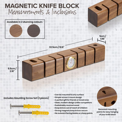 Cuchillo magnético de madera multifuncional con termómetro e higrómetro 325x55x50mm