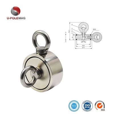 D75mm 200 kg Fuerza de tracción doble cara redonda fuerte Kit de pesca magnético Magneto de rescate con gancho