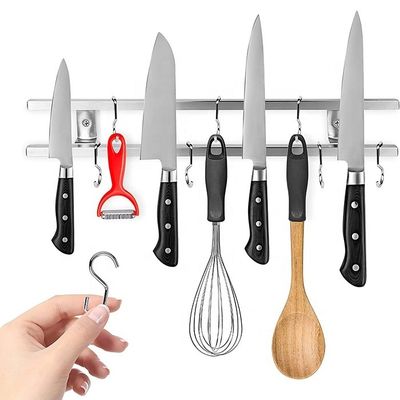 18 pulgadas tubos cuadrados de acero inoxidable banda de cuchillo magnético con 6 ganchos para utensilios de cocina organizador de herramientas