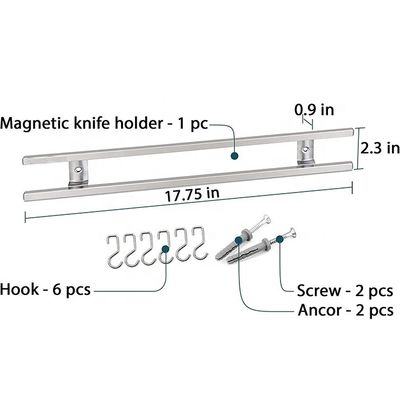 18 pulgadas tubos cuadrados de acero inoxidable banda de cuchillo magnético con 6 ganchos para utensilios de cocina organizador de herramientas